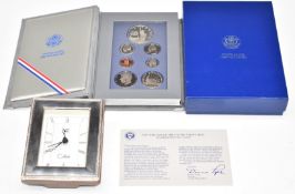 Colibri hallmarked silver framed clock, height 12cm, and a 1986 United States proof coin set