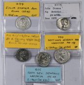 Five silver Roman Imperial Denarius coins to include three of Septimus Severus 198AD, various