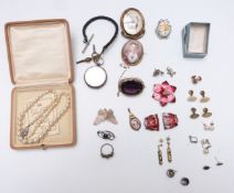 Victorian brooches, faux pearls, silver ring, Charles Horner silver brooch, silver fob watch, etc