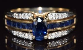 A 9ct gold ring set with sapphires and diamonds, 2.9g, size