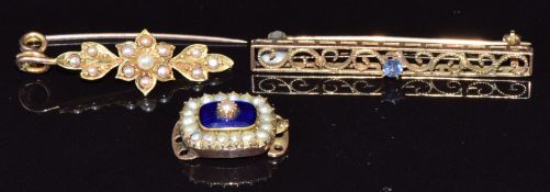 A 9ct gold brooch set with a sapphire, Victorian clasp set with enamel and seed pearls and a section