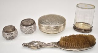 Three hallmarked silver lidded dressing table pots, hallmarked silver-backed brush and an Egyptian