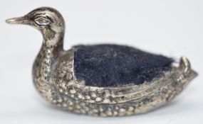 Edward VII hallmarked silver novelty pin cushion formed as a duck, Sheffield 1906, maker Sampson