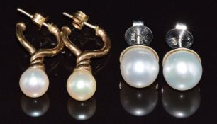 A pair of 18k white gold earrings set with pearls (7g) and a pair of 9ct gold earrings set with