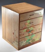 Japanese apprentice chest of four graduated drawers with painted and applied fabric botanical