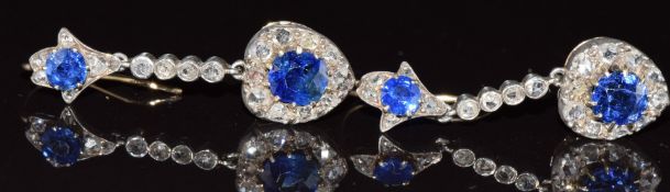 A pair of Victorian drop earrings each set with cushion cut sapphires of approximately 0.8ct and 0.