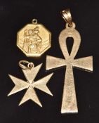 A 9ct gold ankh pendant, 9ct gold Maltese cross and a 9ct gold St Christopher, 11g