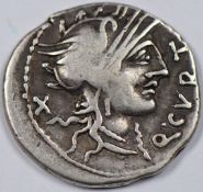 Roman Republic, Q Curtius and M Julianus, silver Denarius 116-115BC, rev Mars driving Quadriga
