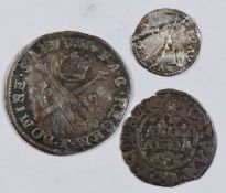 Three continental silver coins comprising a hammered silver Frederick III Denmark 2 skillings, 1649,