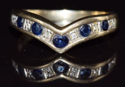 A 9ct gold V shaped ring set with sapphires and diamonds, 2.8g, size O