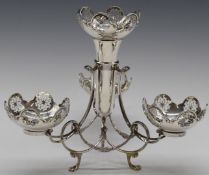 George V hallmarked silver epergne or sweetmeat centrepiece, the central vase surrounded by three