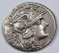 Roman Republic C Aburius Geminus silver Denarius Rome circa 134BC, ob. head of Roma wearing winged