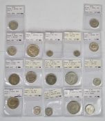 Sixteen George V and George VI silver coins 1914-1943, together with a 1948 Cu Ni example