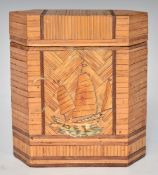 Chinese or similar Oriental hexagonal straw work tea caddy with sailing ship to front, height 14cm