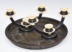 Art Deco Bakelite pair of candelabra and a circular tray, diameter 32.5cm
