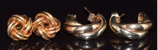 A pair of 9ct gold knot earrings and a pair of 9ct gold tri-coloured earrings, 4.1g