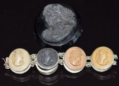 A c1900 lava cameo bracelet and a jet cameo brooch