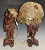 Pair of Chinese carved wood figural lamps, height of figures 52cm