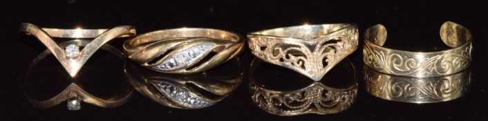 Four 9ct gold signet rings, two set with diamonds, 3.8g, size K/ L