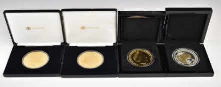 Four cased supersize 65mm gold plated £5 crowns, Heirloom Coins and Bradford Exchange, Churchill,