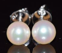 A pair of 18k white gold earrings set with a pearl to each, 1.8g