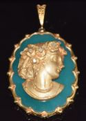 A 9ct gold pendant set with green agate and a 9ct gold diamond set cameo of a young woman in relief,