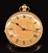 Barraud & Hunds 18ct gold open faced pocket watch with blued hands, black Roman numerals, engraved