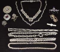 Iona silver brooch, carved jet brooch depicting an owl, four other silver brooches and six silver