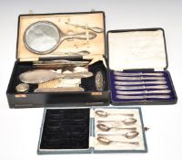 Cased set of five hallmarked silver spoons, weight 58g, hallmarked silver dressing table set and a
