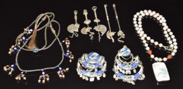 A pearl and jasper necklace, Chinese porcelain plaque, white metal pendants, etc