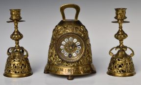Brass bell clock with matching candlesticks, H18cm