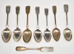Six 19thC hallmarked silver fiddle pattern dessert spoons and a hallmarked silver fiddle and shell