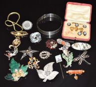 Victorian brooches including one set with malachite and moonstones, silver bangle, studs, stick