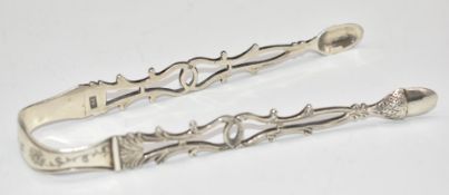 Pair of Georgian hallmarked silver sugar tongs with acorn bowls, maker William Chawner II, length