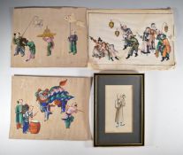 Four 19th/20thC Chinese watercolours on rice paper including three of processions / celebrations,