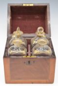 Georgian four-bottle travelling drinks case / tantalus with fitted interior and brass handle, the