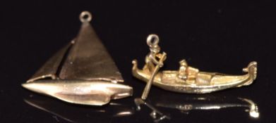 Two 9ct gold charms/ pendants, one in the form of a sailing boat, the other a gondola, 4.3g