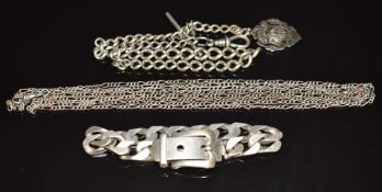 A silver Albert, white metal guard chain and a silver buckle bracelet