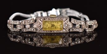 Sonia white metal ladies wristwatch with rose cut diamonds set to the case and bracelet, blued