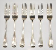 Set of six Victorian hallmarked silver Old English pattern table forks, Exeter 1850, maker William