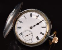 Omega keyless winding half hunter pocket watch with subsidiary seconds dial, blued hands, black