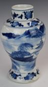 19thC Chinese blue and white baluster vase decorated with landscapes with traditional pagoda style