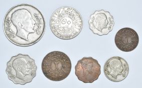 Eight coins including King Faisal I Iraq 1921-1933 200 fils silver coin, together with a 50 fils, 10