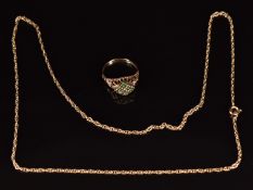 A 9ct gold ring set with emeralds with 9ct gold chain, 54cm long, 5.5g