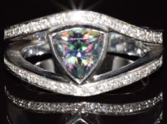 A 14k white gold ring set with a twilight topaz and diamond, 10.7g, size P