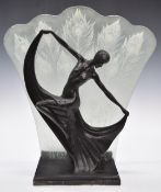 Art Deco style figural lamp with glass panel decorated with peacock feathers behind, W38 x H39cm