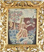 18th/19thC tapestry embroidery of a queen seated beneath an apple tree, 29 x 23cm