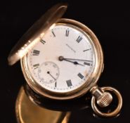 Waltham gold plated keyless winding full hunter pocket watch with inset subsidiary dial, blued