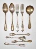 Two French silver forks and two matching spoons, three pickle forks marked sterling, scoop marked