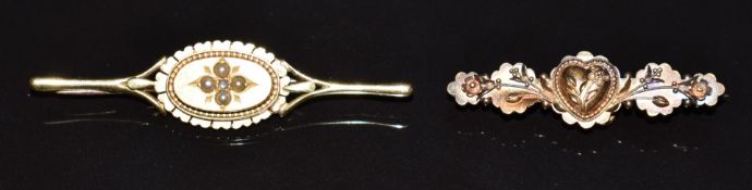 Edwardian 15ct gold brooch set with a diamond and seed pearls and a 9ct gold Victorian brooch, 7.2g